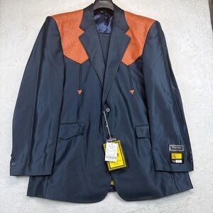 Vintage Western Suit Mens 46R 38 Blue Cognac Cowboy Rockabilly Deadstock 2 Piece